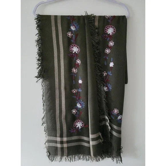 Isa & Stef Womens Embroidered Scarf Wrap Viscose Military Green Fringe 24"x74" - Picture 3 of 8